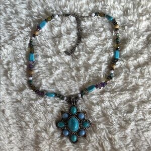 Turquoise Multi-Bead Statement Necklace - Blue Pendant